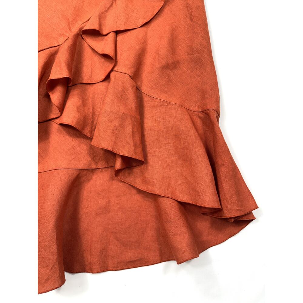 Taboo 100% Linen Ruffle Faux Wrap Coral color Midi Skirt Sz 42 - Picture 5 of 13